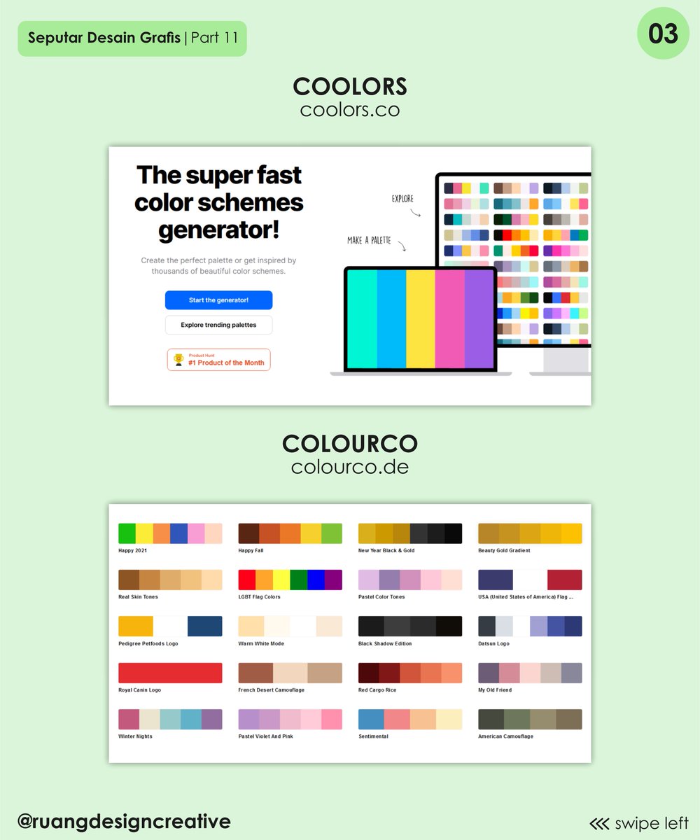 ruang_creative's tweet photo. Website Penyedia Kombinasi Warna 🤩
.
Jawaban nya tinggal geser aja kiri yah dan jangan lupa dibaca yah !!!😁🤩
.
#belajardesignbareng #ruangdesigncreative #tutorialdesain #tipsdesain #trikdesain #desaingrafis #microblog #belajardesain #trending #viral #terbaru2021 https://t.co/wjvQ7o0mez