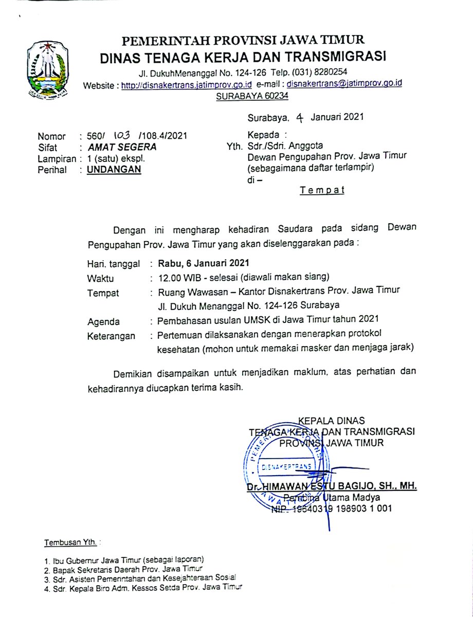 fspmi_sby's tweet photo. Hari ini (06/01) rencananya akan dilaksanakan rapat Dewan Pengupahan Provinsi Jawa Timur untuk membahas usulan UMSK di Jawa Timur tahun 2021. Informasinya sudah ada 4 Kab./Kota Ring1 Jawa Timur yang telah meyerahkan usulan UMSK tahun 2021 kepada Gubernur @KhofifahIP.
@FSPMI_KSPI https://t.co/ra9D4zWWR2