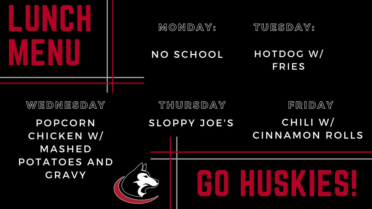 Welcome back Huskies!🐾 Here's your elementary lunch menu for this week!

Go Huskies!🐾 #aurorahuskies