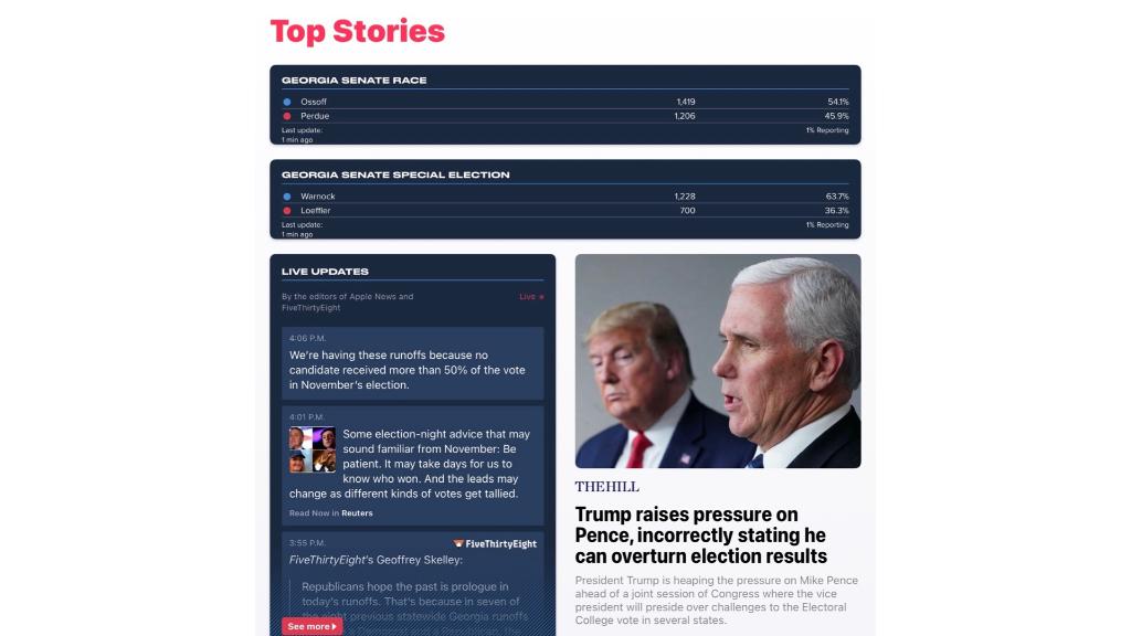 AppleNews's tweet photo. Polls are closing in Georgia, where two races will decide which party controls the Senate. Follow our live results and analysis on Apple News: https://t.co/XS0HY9IRTh https://t.co/1BaZakQwXV