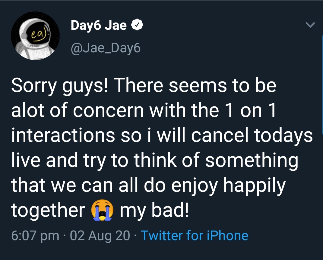 jae went live with fans to talk to them 1:1 (for free) and just wanted to listen to their stories and wanted to do it again! but he heard that some were unhappy/worried about the idea so he listened and worked to find another alternative so that he wouldnt hurt his fans :(