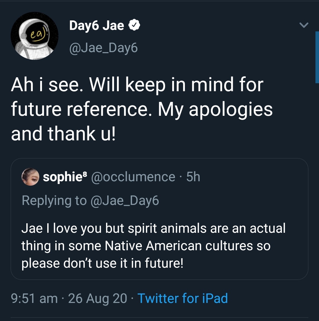 jae made a tweet that was insensitive to native culture and he immediately deleted and apologized once he found out