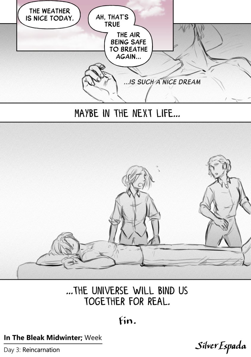 SilverEspada's tweet photo. Dying dream
---
In The Bleak Midwinter; week - Day 3: Reincarnation
---
In The Bleak Midwinter; webtoon by @KMCryptid @ArtyHermit

#inthebleakmidwinter #webtoon #webtoonfanart #art #drawing #digitalart https://t.co/PS78JbqMt8