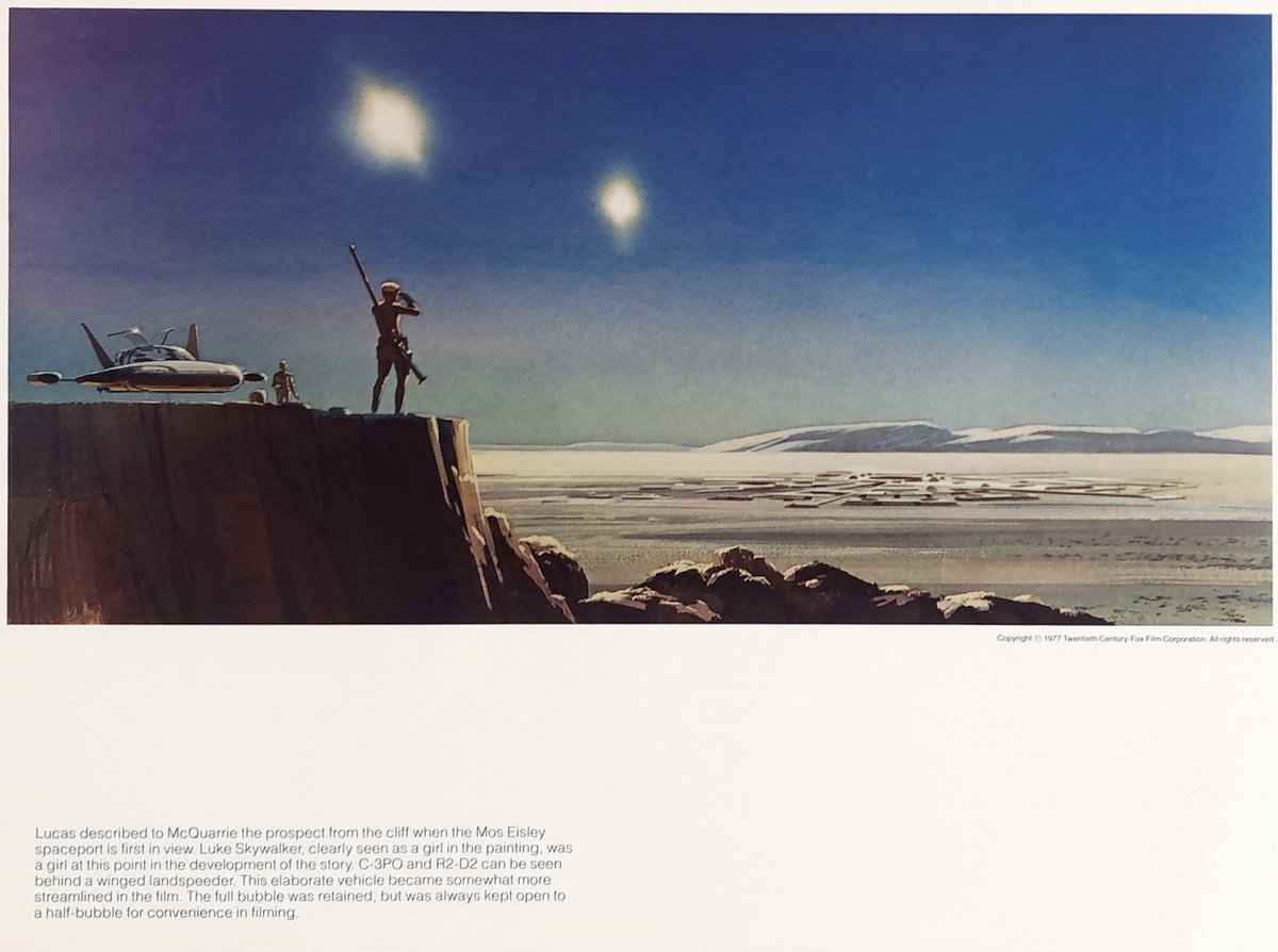 forceiswithme's tweet photo. Lucas described to McQuarrie the prospect from the cliff when the Mos Eisley spaceport is first in view Luke Skywalker, clearly seen as a girl in the painting.
This was one of Ralph’s favorite images, and was  completed in April of 1975. 

#starwars #ralphmcquarrie #starwarsart https://t.co/PwsUqvEmCn