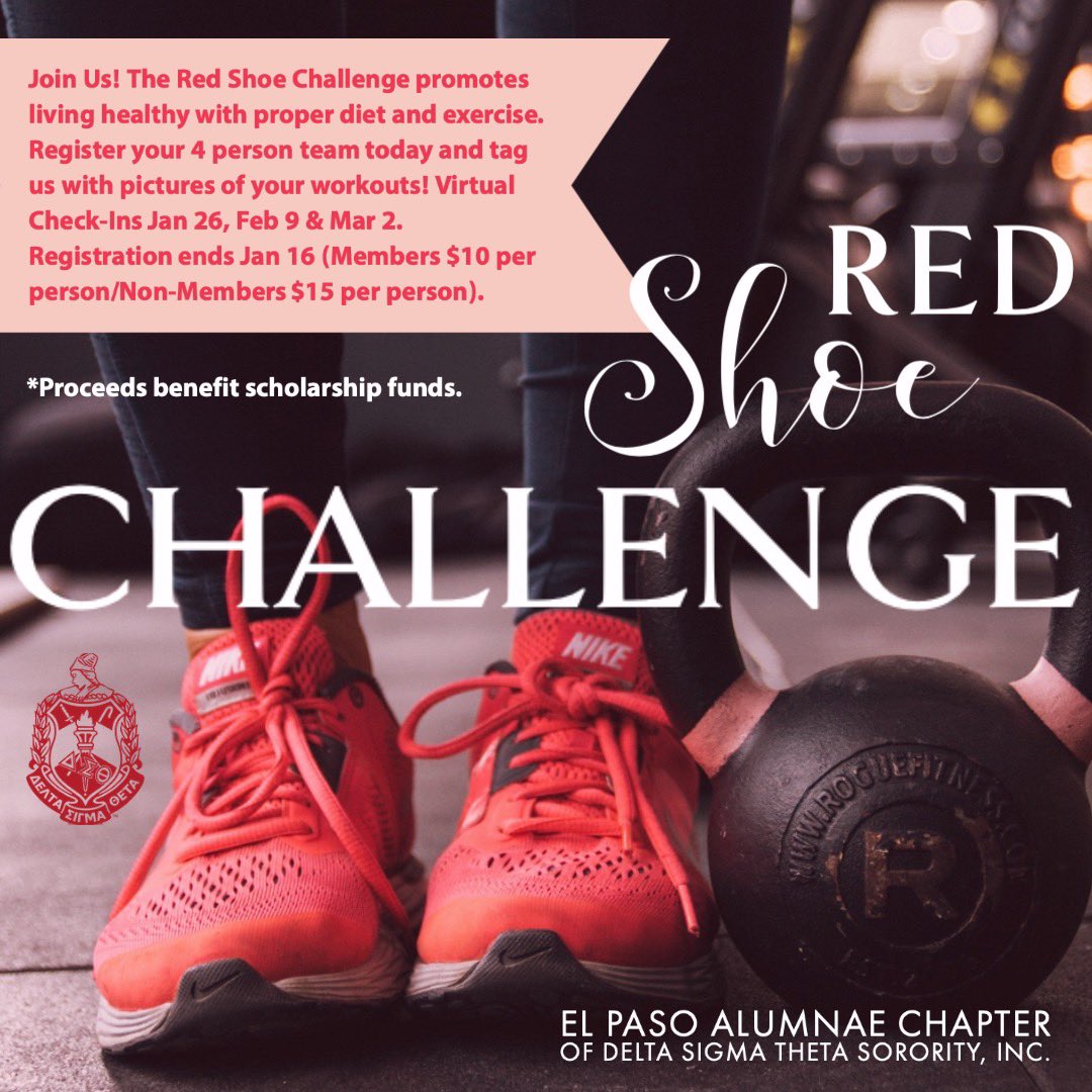 dstepac's tweet photo. El Paso Alumnae Chapter’s Physical and Mental Health committee would like to present our chapter’s Red S.H.O.E. Challenge/Fundraiser.
🖊 Sign Up by January 16th, 2021.
#DSTEPAC #RedSHOEchallenge #blazingsouthwestregion #southwestregion #DST1913 https://t.co/h6sCgUP2hL