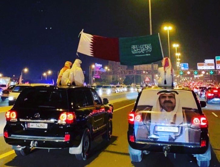 dakhilalkuwait's tweet photo. Public out in streets of Doha, Qatar to celebrate as relations of both countries Saudia Arabia and Qatar restores. 

Stronger Together 🇰🇼🇶🇦🇸🇦🇦🇪🇧🇭💪🏼 

#kuwait #qatar #saudiaarabia #ksa #q8 #relation #border #airspace #gulf #strong #dakhilalkuwait #uae #bah #oman #bahrain #emirates https://t.co/SJvdsK51JZ