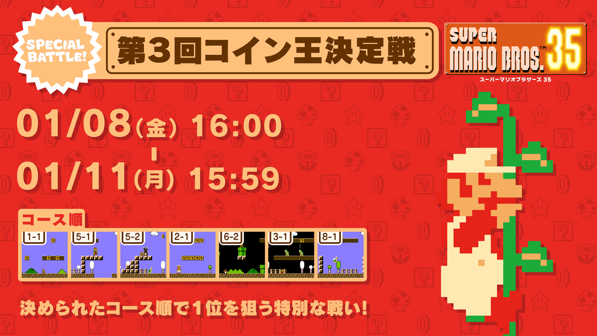 スーパーマリオブラザーズ35周年 マリオ35 Spバトル 1 8 1 11 次回の スペシャルバトル は 第3回コイン王決定戦 豆の木やコイン部屋が隠されたコースだけの構成です スタートコースはランダムですが その後のコース順は固定 終了後 10位