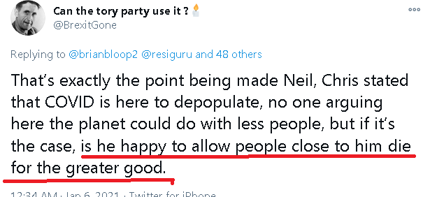 Underlined in red, those are your words no? ''is he happy to allow people close to him to die for the greater good'' Are you willing to let your wife die to save 1000 people, does not matter how she dies only that she dies to save lives. Stop deflecting.