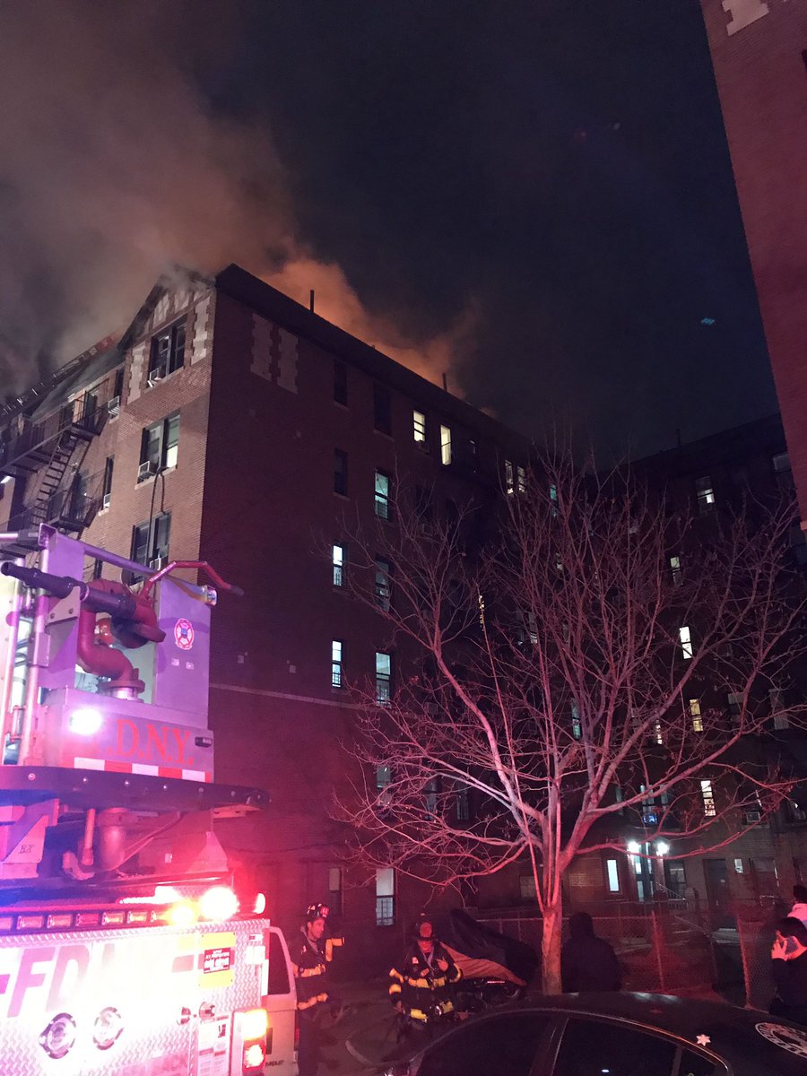 FDNY's tweet photo. FDNY members are operating on scene of a 3-alarm fire at 74 Post Ave. in Manhattan. (Photo Credit: @nycemergencymgt) https://t.co/ZkvbTzgDqI