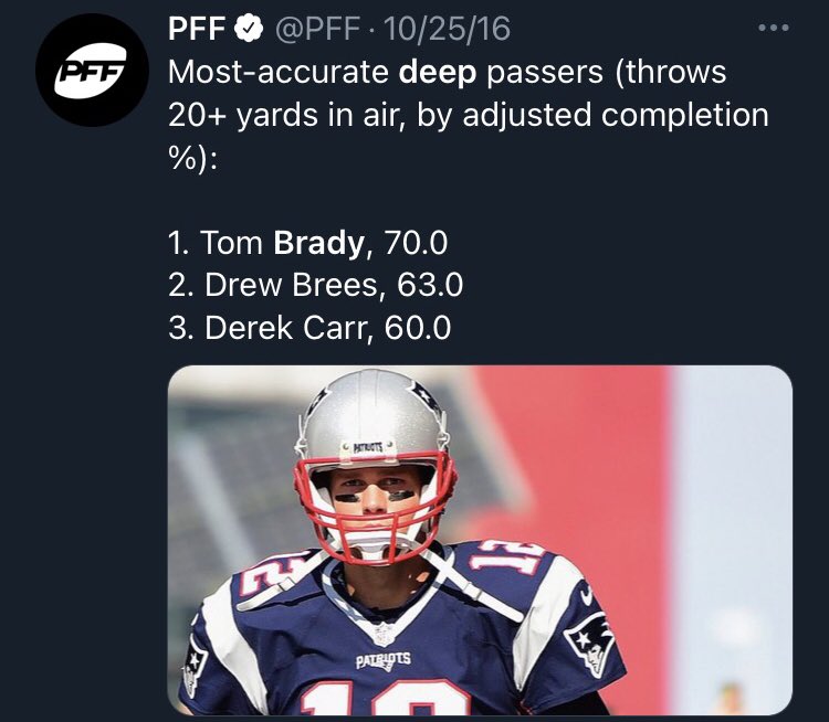Brady was the most-accurate and 2nd highest-rated deep passer in 2016.He was 5th in deep ball completions from 2013-2017. #DinkAndDunk