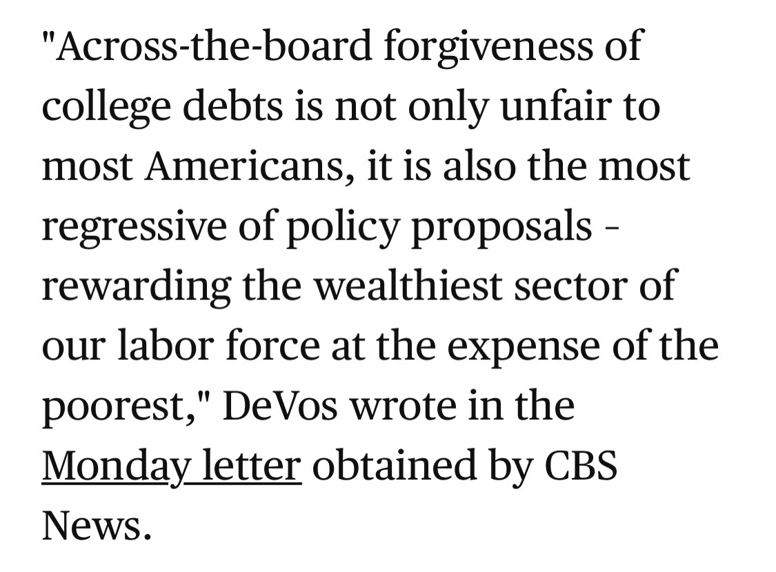 Say what you want about  @BetsyDeVosED, but she knows a good grift when she sees it. https://www.cbsnews.com/news/student-loan-forgiveness-betsy-devos-letter/