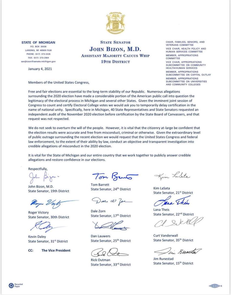 jonathanoosting's tweet photo. 11 Republicans in the Michigan Senate (a majority of the caucus) pen letter asking congress to delay tomorrow's Electoral College vote that will finalize Democrat Joe Biden's win over President Donald Trump https://t.co/oH6p1AtVj1