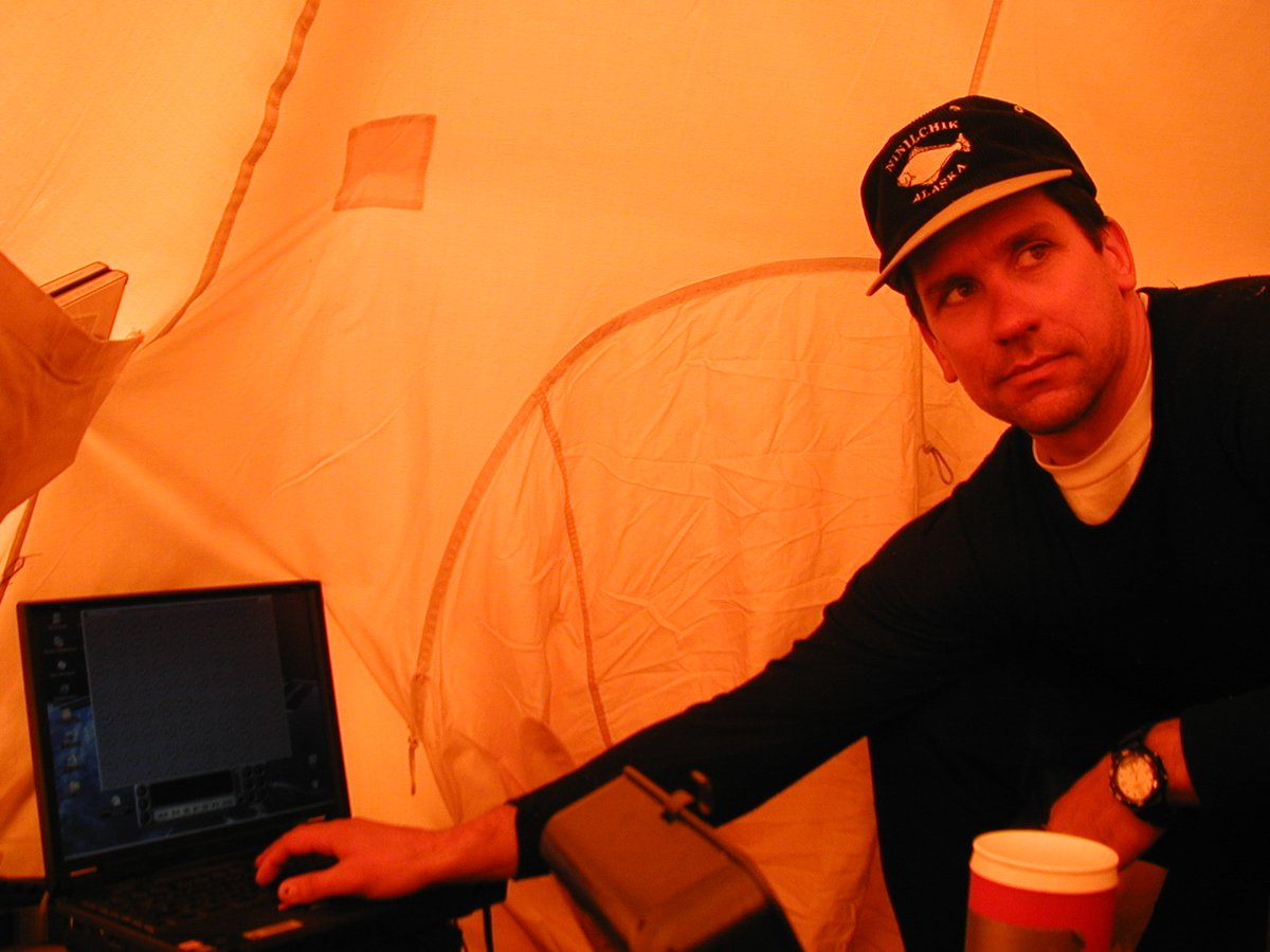 January 5, 2001: Movie night for  #ANSMET2000 team! We watched DVDs in the "party tent" on laptops powered by car batteries (charged by solar panels) attached to DC inverters. Watched a wide range of films we all brought. No idea what on this night (maybe 2001: A Space Oddysey).