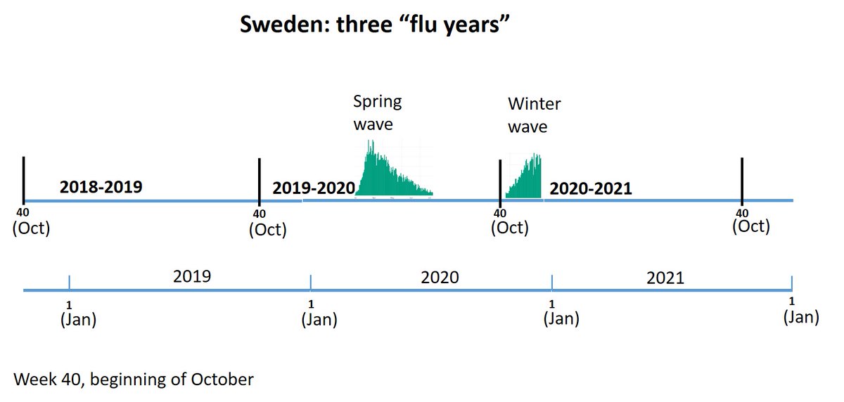 4/Here is illustration of three “flu years” in Sweden.Oct 2019 – Sep 2020 contains the spring waveThe current winter wave belongs to the subsequent “flu year”. As explained above, there is no scientific reason to count it in 2020 (Gregorian year).