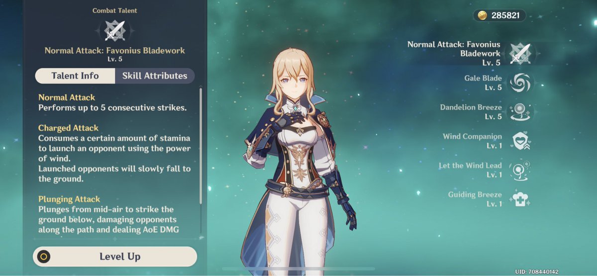 TALENTS:- obvs jean’s first talent is the 5 normal atks, but she has a unique charged atk that throws enemies up in the air and makes them float for a while ! this pairs rly well with her elemental skill also jean has a 50% chance of healing 15% of her atk per hit!
