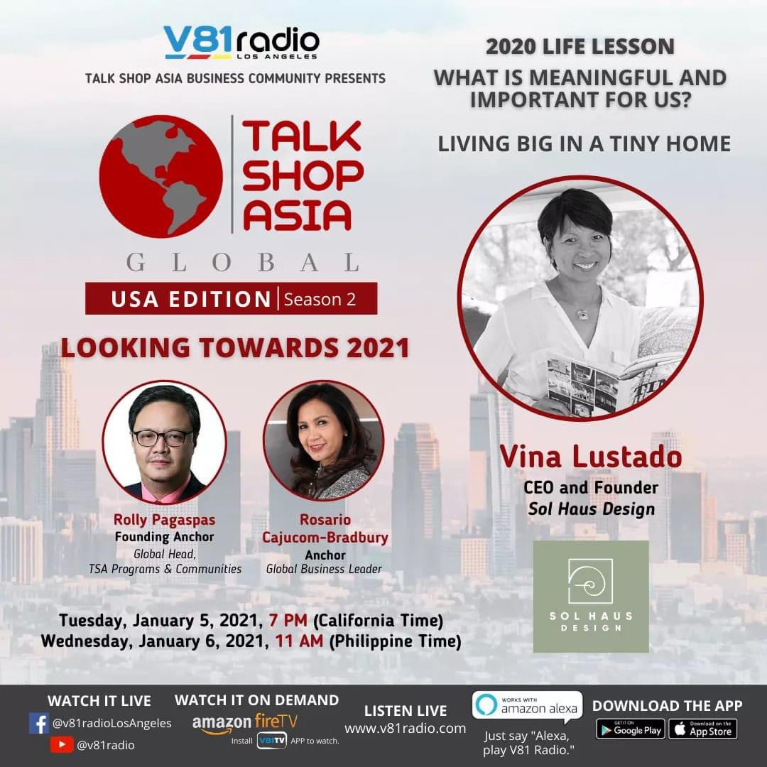solhausdesign's tweet photo. LIVING BIG in A TINY HOME with Vina Lustado the CEO and Founder of Sol Haus Design.  Listen and Watch at V81 radio worldwide  https://t.co/dKCBTOIplT on Jan 6 at 11 am Manila Time or Jan 5 at 7PM California time. #v81radio #Philippines #bounceback #leadership #economy https://t.co/HnUEI4R3u3