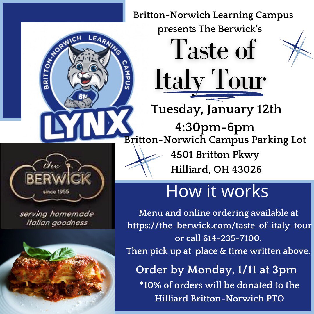 Join us for our first BNLC spirit night! Order from the link below below, by 1/11.  The catering truck will be parked at the BRITTON parking lot on 1/12 from 4:30-6pm with your dinner!!  
the-berwick.com/taste-of-italy…
Remember to practice good social distancing.  MASKS are required!