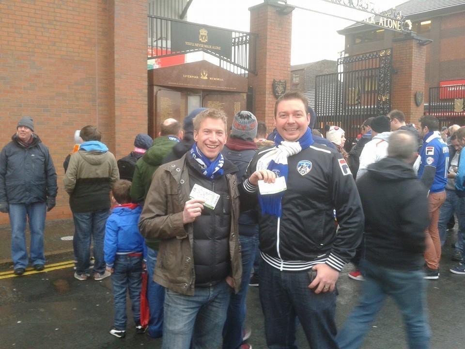 If anyone needs cheering up this morning, it’s 7 years to the day that our best pal lost his ticket for the Liverpool v Oldham FA Cup game at Anfield. Obviously we went and had our picture taken at the Shankly Gates with our tickets to cheer him up. #oafc #SupportOldham