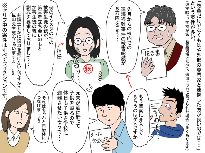「学校だけでなく外部の専門家と連携した方が良いのでは」という件が多い。様々なご意見や課題はあるかと思いますが、「教員の働き方」や何よりも生徒を守るために「良い意味で外部に頼る」方法も制度的に必要かと思います。※実際に連携できた場合もあります。 