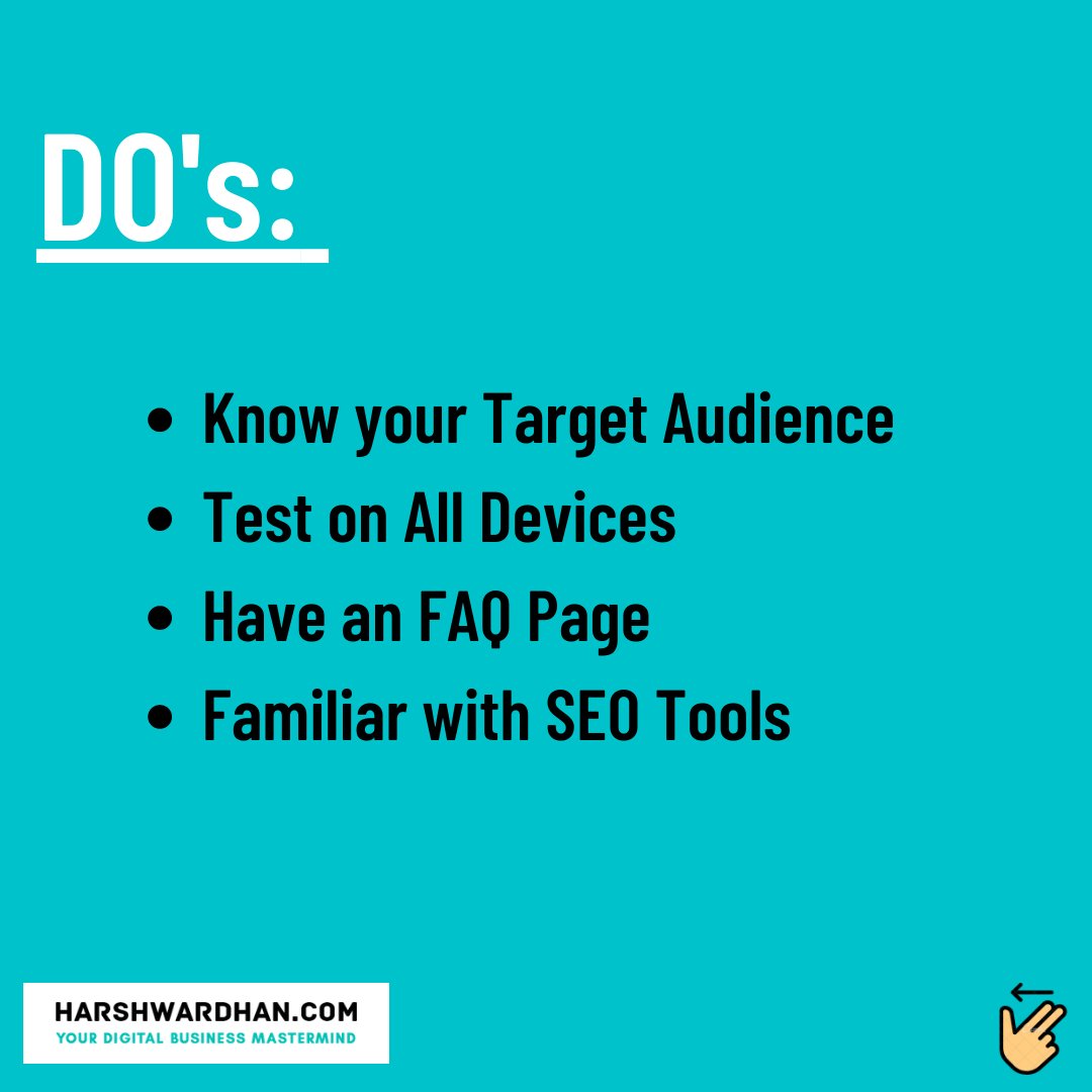 Harshwardhan_K's tweet photo. Here are the DO's and Don'ts when it comes to SEO. 

Note down these mistakes to avoid and changes to make in order to get your site to rank better on organic search results.

#seo #seoexpert #seotips https://t.co/yVTZJ2YVRm