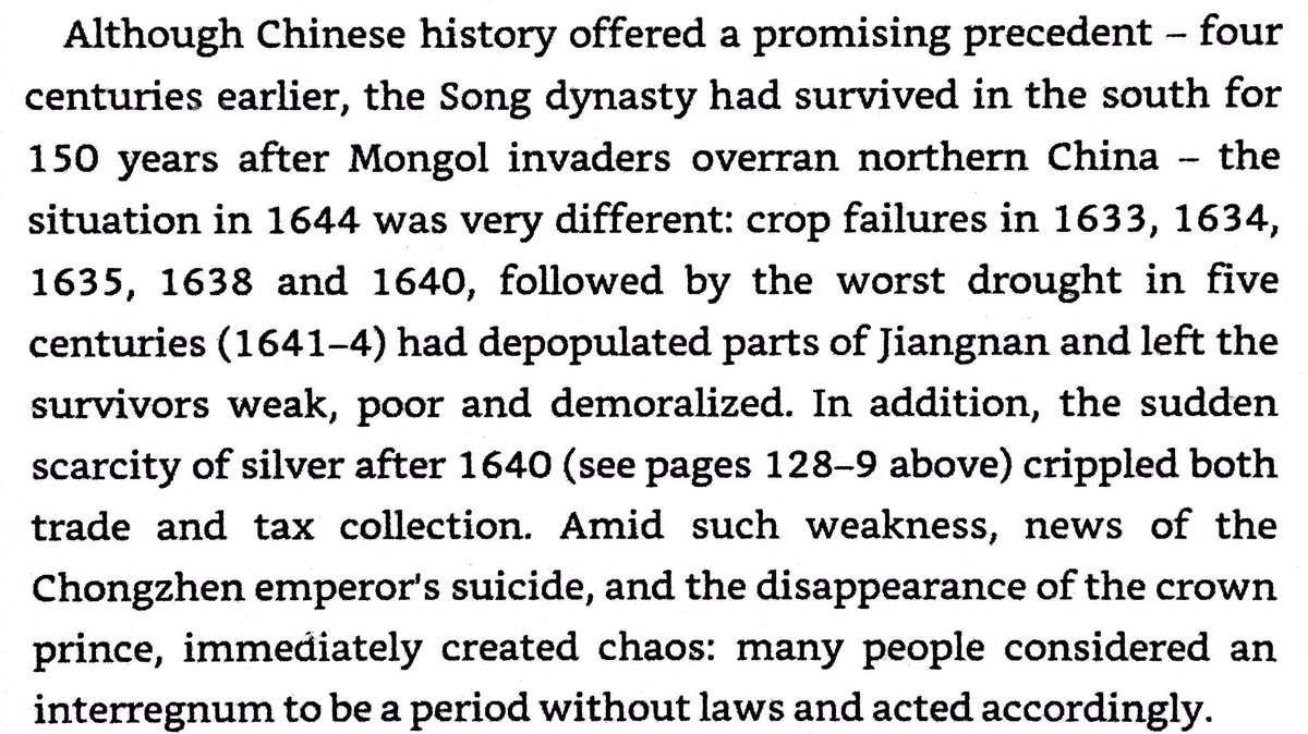 1630s & 1640s E Asia featured unusually cold temperatures, droughts, & famine. Winter 1643-1644 was the coldest from 800-1800. Manchu concluded they had to invade China or starve, so they put together a 60,000 man army. They were invited across the Great Wall by feuding Chinese.