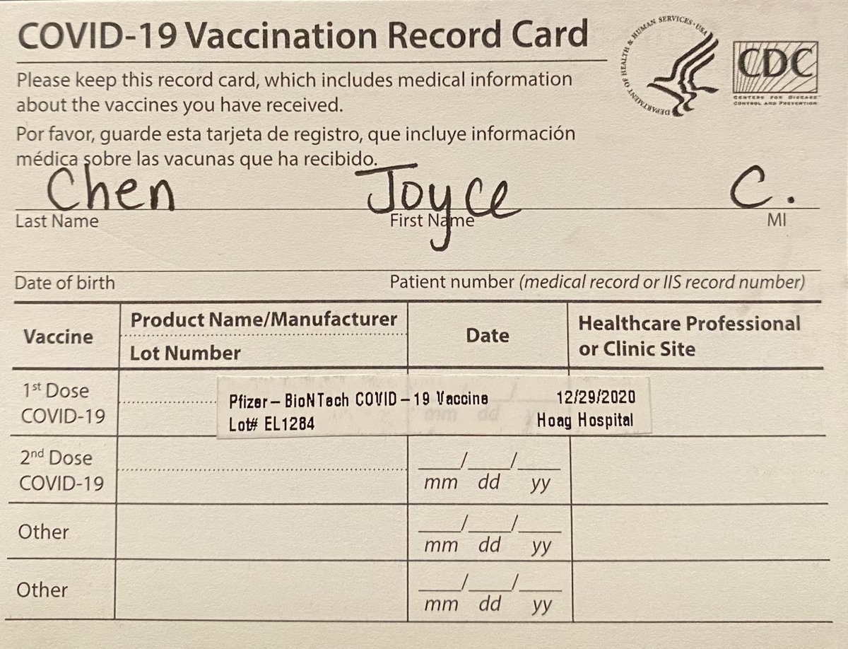 JoyceChenMD's tweet image. #CovidVaccine Week 1

A week ago, I received my 1st dose of Pfizer Covid mRNA vaccine, at the end of a full day in the OR.   I was given a CDC vaccination card with my second dose scheduled for exactly 3 weeks after my first dose.  #samebattime #samebatplace