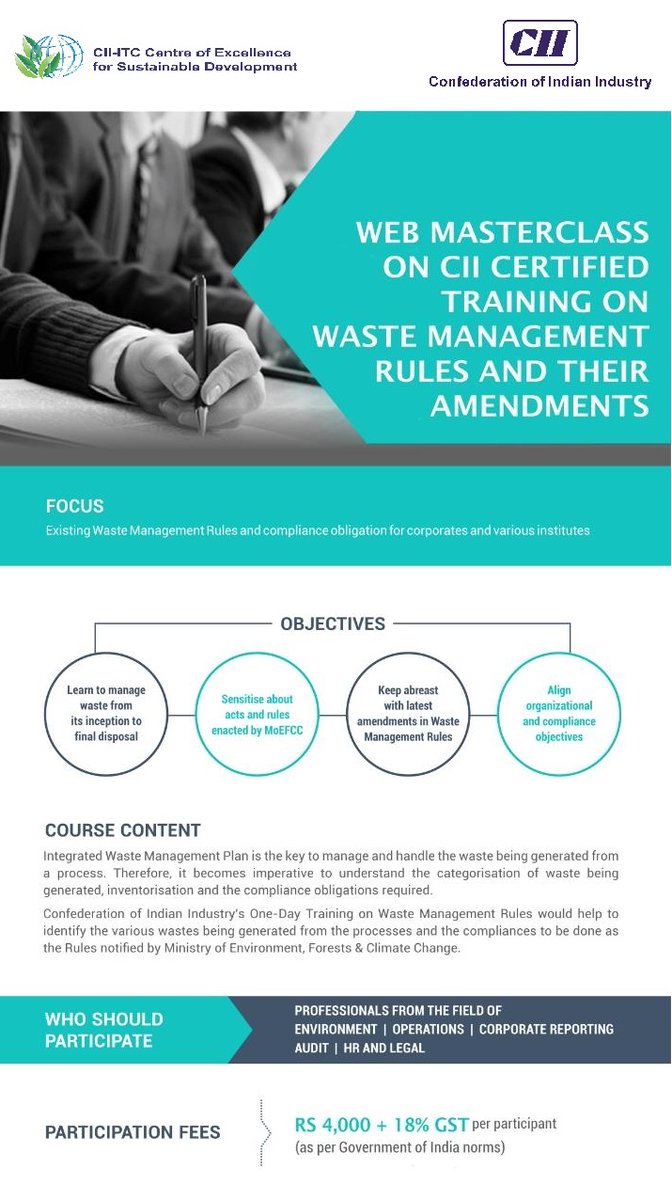 ciicesd's tweet image. @FollowCII ‘s 2day #trainingprog on #WasteManagement Rules invites professionals frm #environment #operations #legal #audit 2 identify wastes generated frm processes, 2 align org goals wid compliances. 

19-20 Jan, 2021.