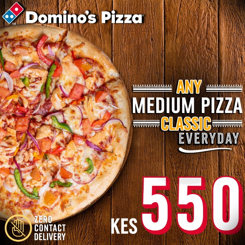 DominosPizzaKE's tweet photo. Visit our stores today and enjoy yummy Classic Medium pizzas for only 550 bob! Offer only valid for dine-in and carry-out orders.
#DominosPizzaKe #SafeDineIn
