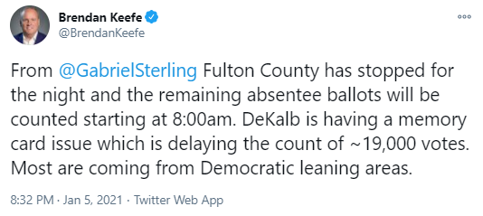 GEORGIAFulton County has stopped counting for the night. Dekalb county is having a memory card issue which is delaying the count of approximately 19,000 votes. https://twitter.com/BrendanKeefe/status/1346706175857979394
