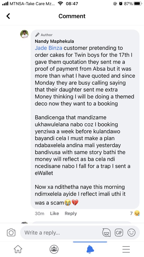 thando_823's tweet photo. Help me expose a scammer, who just scammed my sister off R1400 in EL.  Claiming to order cakes for a party. Her number is 0783787410. She forged a proof or payment said she sent extra by mistake and requested ewallet back. #PutSouthAfricanFirst #SouthAfrica #CloseBeitbridgeBorder https://t.co/zMJeG4lt8l