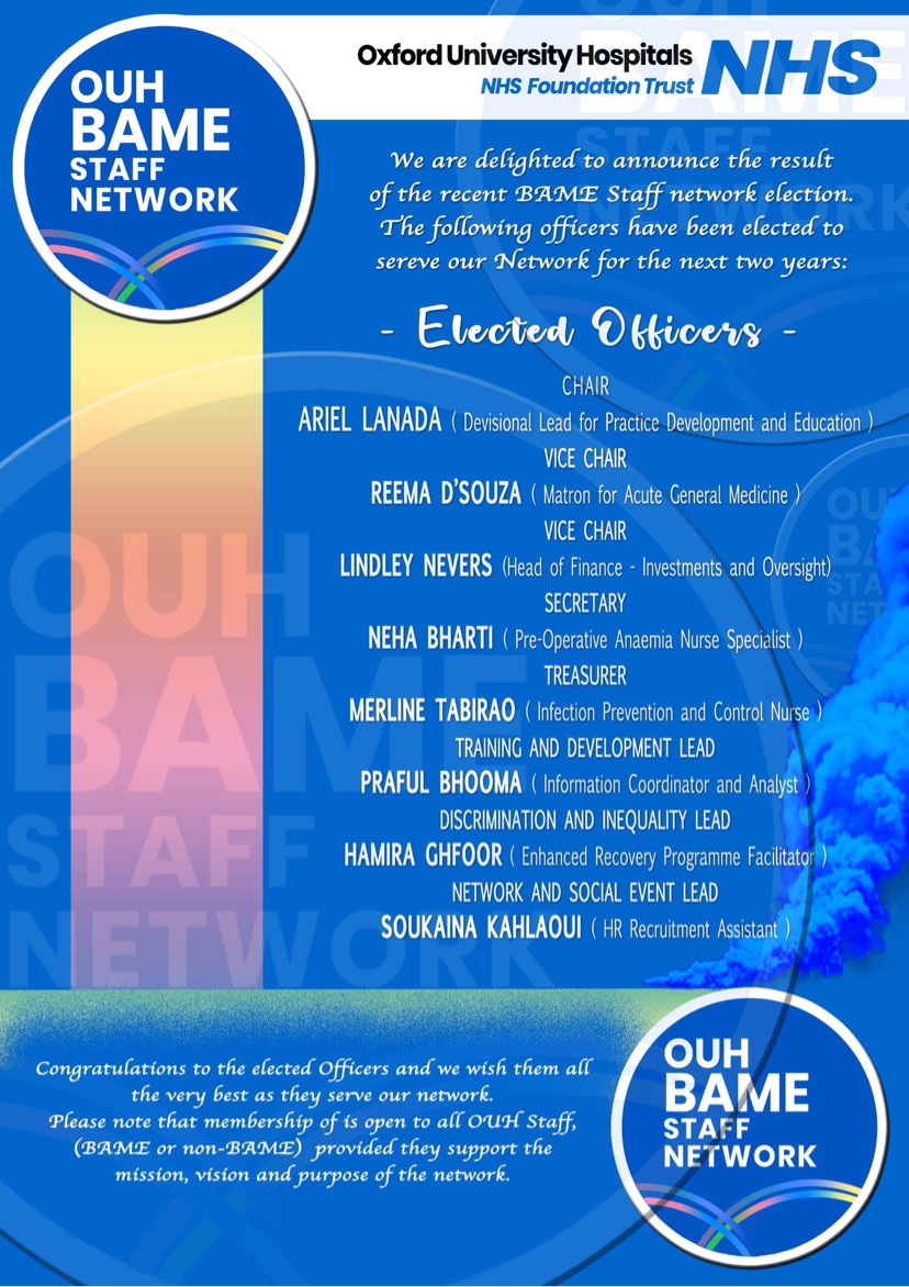 Congratulations to our newly elected OUH BAME Staff Network Officers <a href="/OUHospitals/">OUH</a> @SafetySamFoster @TerryRoberts61 <a href="/Prof_JonMont/">Jonathan Montgomery</a> <a href="/theRCN/">The RCN</a> <a href="/SouthEastRCN/">South East RCN 💙</a> <a href="/FordeJohnston/">Dr. Carol Forde-Johnston💙</a> <a href="/NurseReema/">Reema D'Souza</a> <a href="/HumiHG/">Humi 💙</a> <a href="/NurseFlo4/">@NurseFlo</a> <a href="/ariel_lanada/">Ariel Lanada</a>