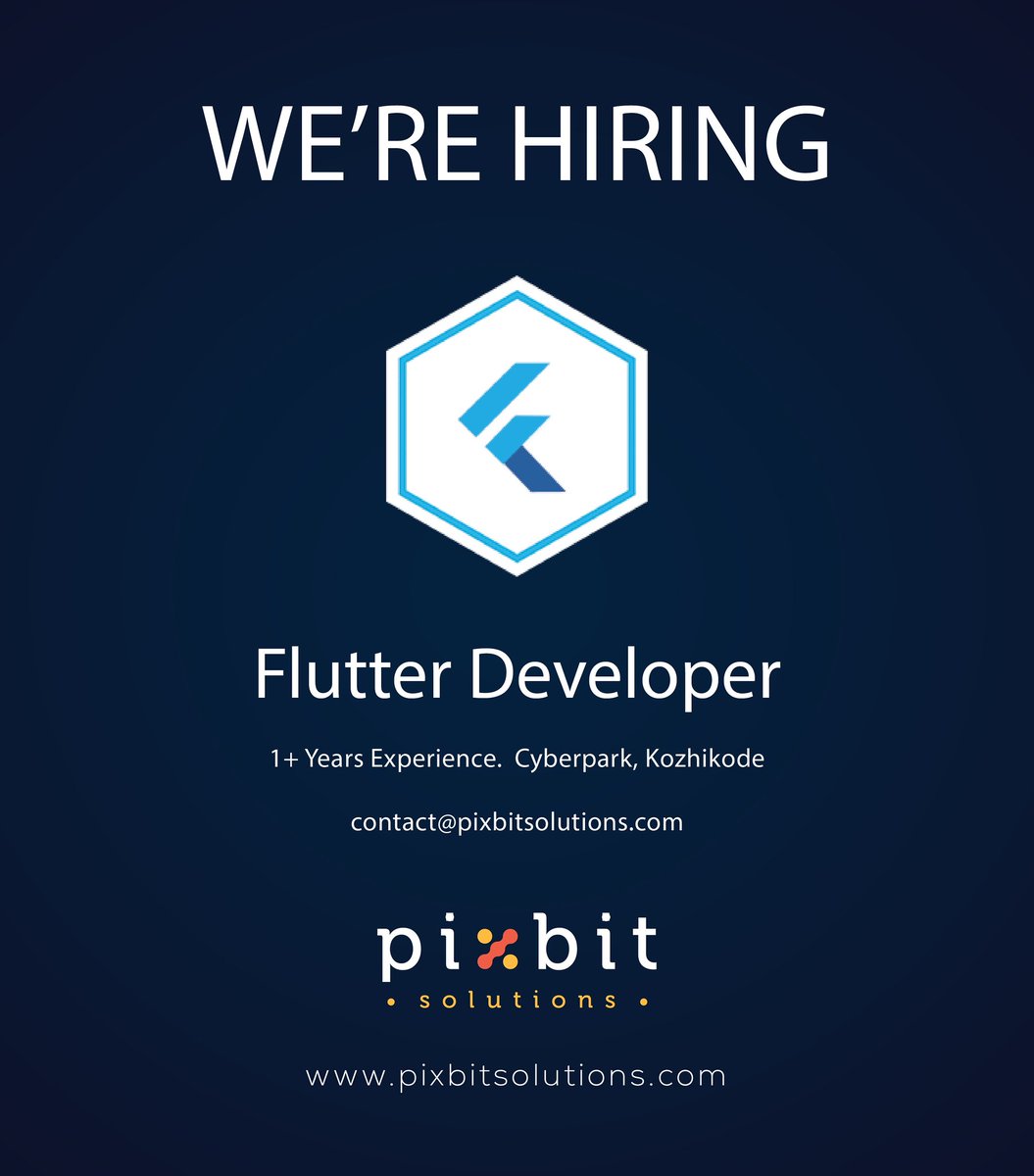 pixbitsolutions's tweet image. &quot;We are hiring❗

Looking for Flutter developers with 1+ years of experience.

Shoot your resumes to contact@pixbitsolutions.com.
#Hiring #HiringFlutterDevelopers 
#FlutterDevelopers #pixbitsolutions