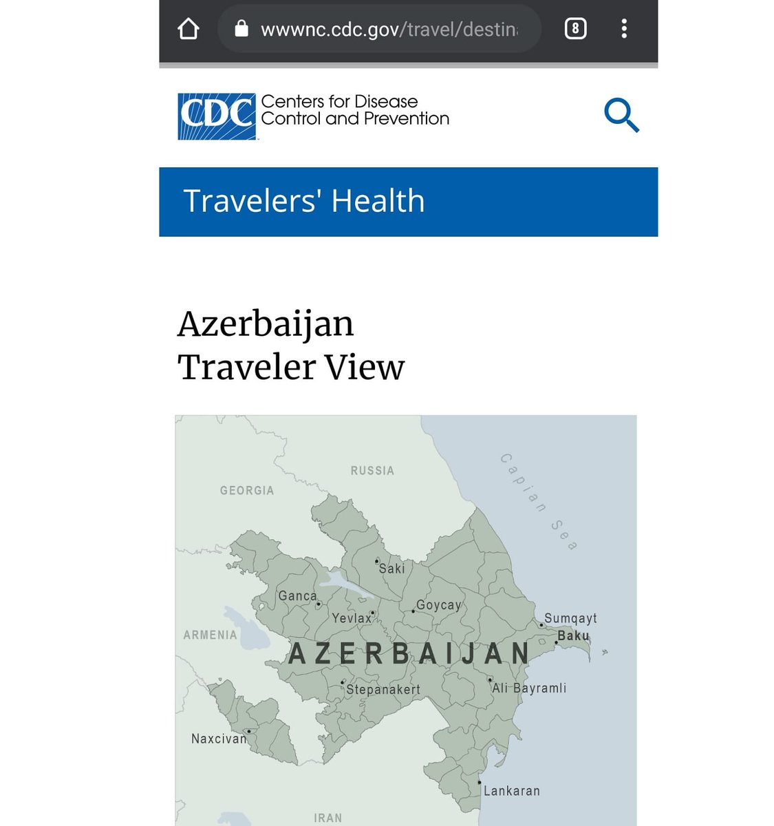 adnanhuseyn's tweet photo. Dear @CDCgov there is no such city as "Stepanakert" on the territory of the Republic of #Azerbaijan. The name of the city is #Khankendi. Please fix your mistake ASAP. https://t.co/TKS5FKRMpP