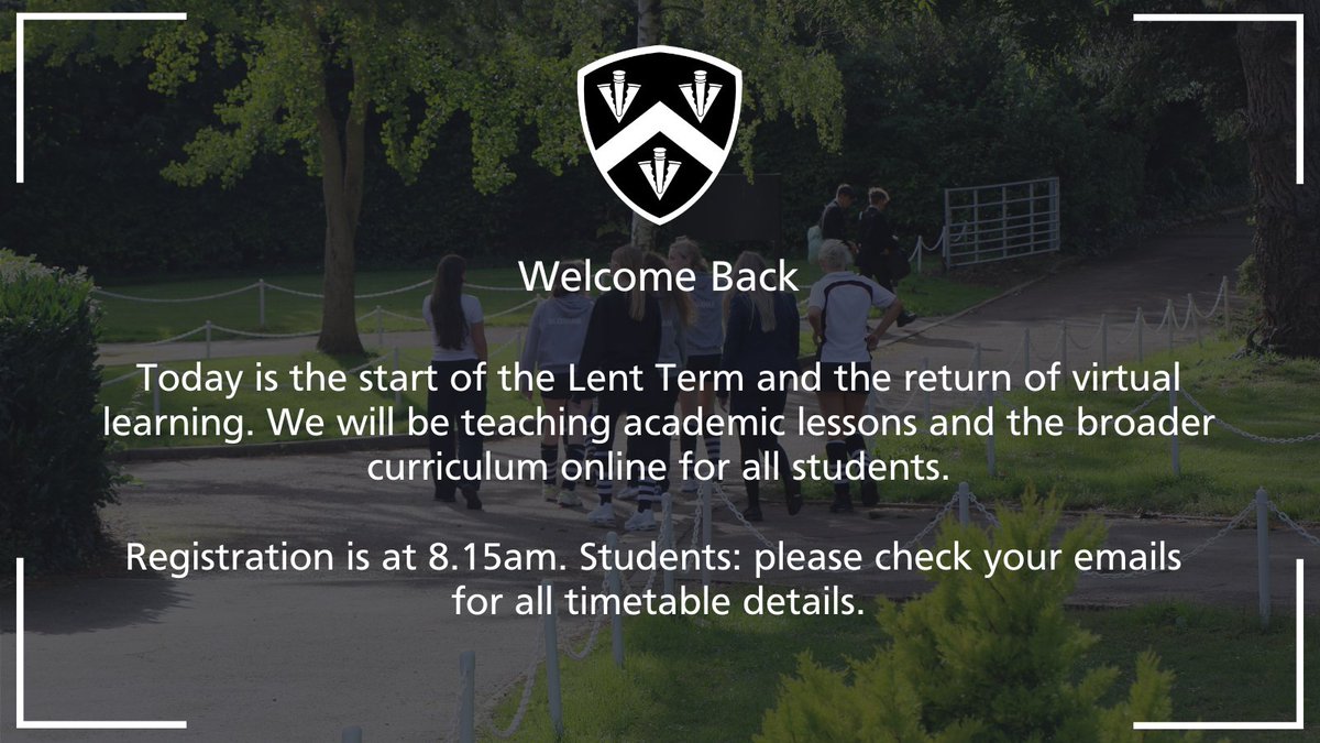 BloxhamSchool's tweet photo. Welcome back to all our students and families. Today is the first day of the Lent Term and the return of virtual learning. Students should check their emails for all timetable details. https://t.co/dip8tzBMmF
