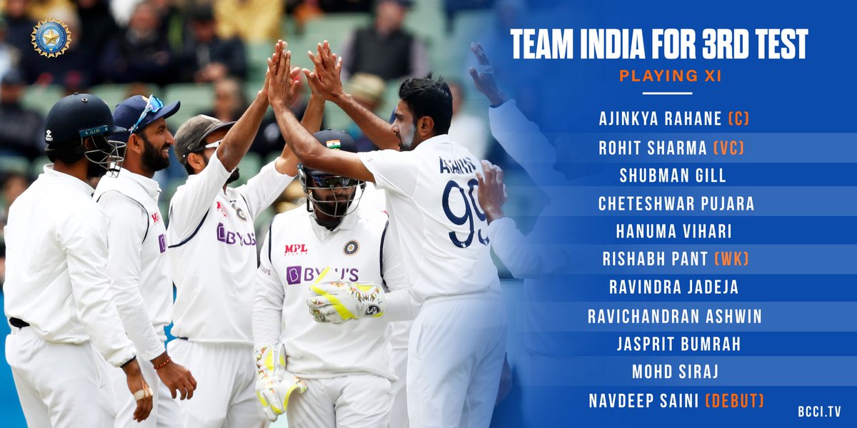 BCCI's tweet photo. NEWS - #TeamIndia announce Playing XI for the 3rd Test against Australia at the SCG.
Navdeep Saini is all set to make his debut.
#AUSvIND https://t.co/lCZNGda8UD