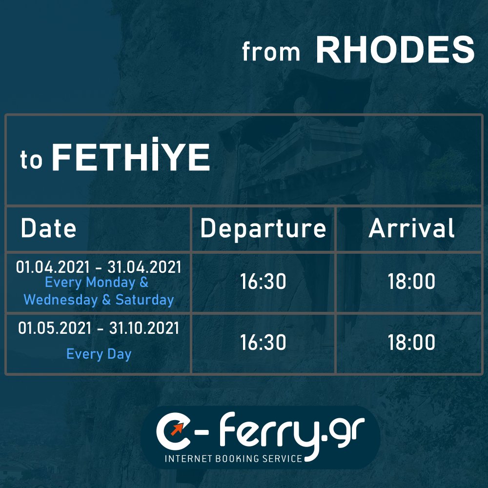 eferrygr's tweet photo. 2021 Fethiye - Rhodes - Fethiye Ferry Schedule
#rhodes #fethiye #rhodestofethiye #fethiyetorhodes #rhodesferry #fethiyeferry #eferrygr #ferryschedule #ferry https://t.co/Bu8oo9VzGl
