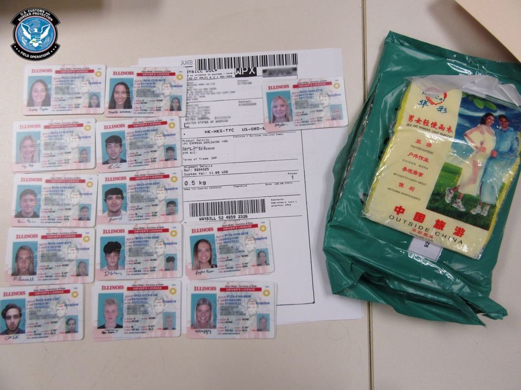 Photo of fake identification cards seized by CBP officers in Cincinnati during calendar year 2020.