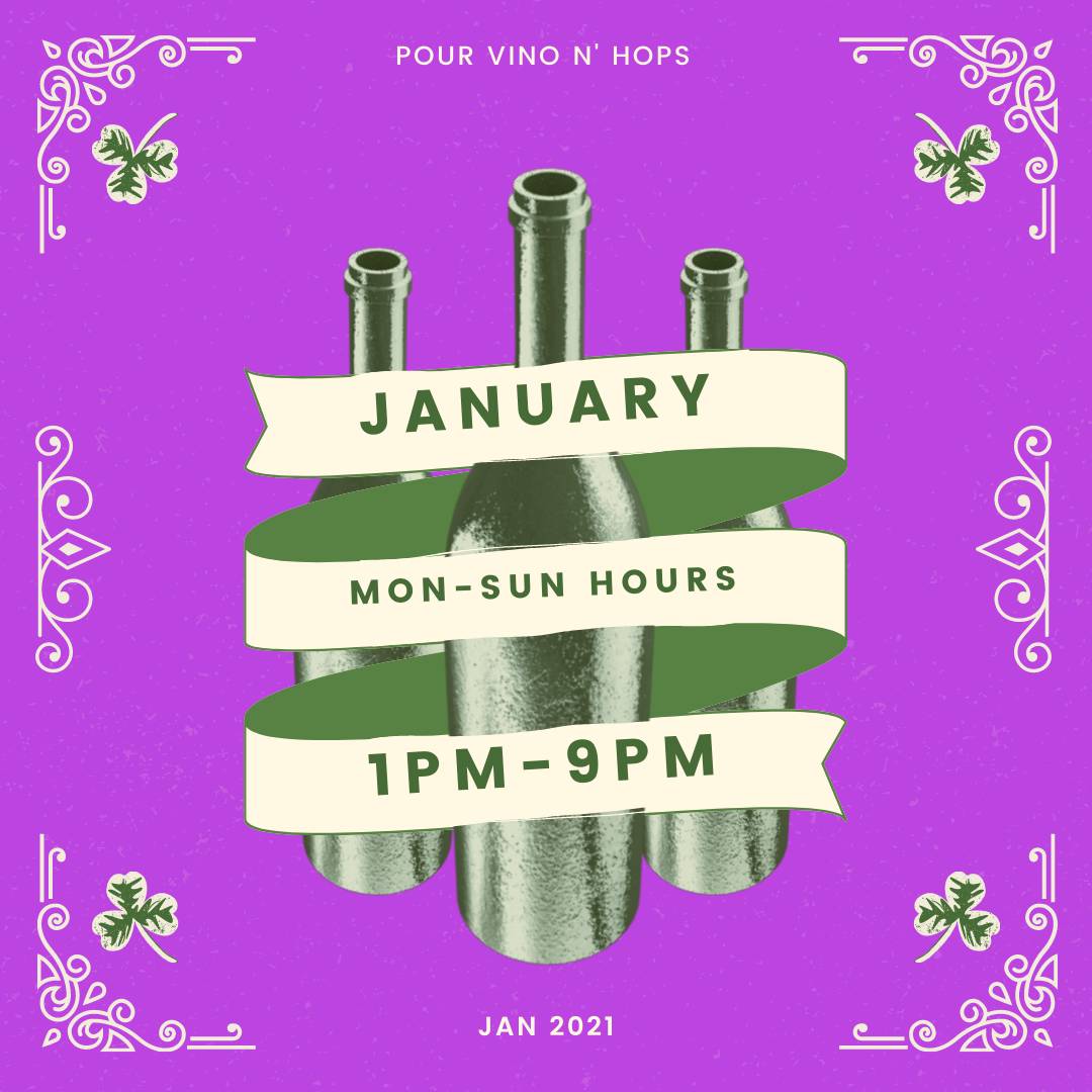 pourvinonhops's tweet photo. We hope everybody had a happy New Year! This month, we'll be open everyday from 1pm-9PM 🍾 delivery and curbside pickup is available! Order online at https://t.co/cnccpqSrbT https://t.co/vygj4XUwLF