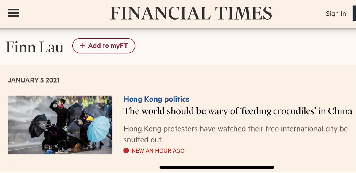 1hr before the purge in #HongKong, <a href="/FT/">Financial Times</a> published my op-ed which explains the problem of the EU-China investment treaty.

#CCP simply slams the face of #EU which keeps “feeding the crocodiles”. 

We sincerely urge 🇪🇺 to halt the treaty. It’s never too late.
on.ft.com/3njrGhO