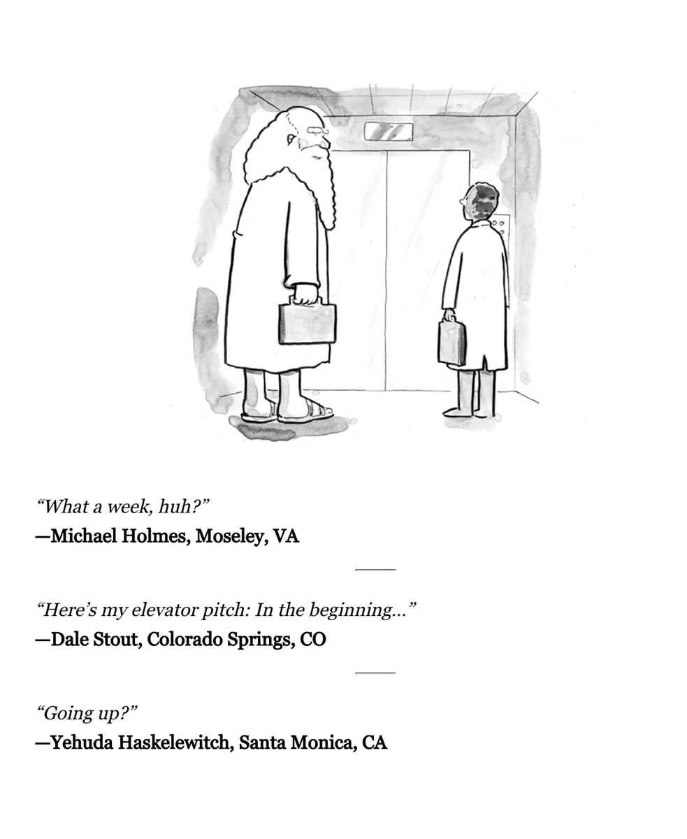 doc_nad's tweet photo. And the winning caption is...
My Entries in the Moment Cartoon Caption Contest for September/October 2020 https://t.co/j9NrdKiKqt #BenjaminSchwartz #MomentMag #Elevator #Cartoon #CaptionContest https://t.co/nTtxgeLSu1
