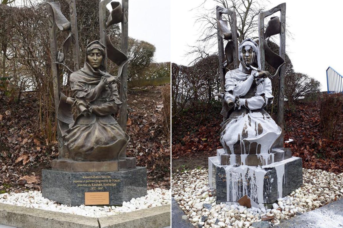 Armenians' hatred of Azerbaijan's cultural and historical heritage has been present all over the world for a long time. A monument to Azerbaijani poetess Khurshidbanu Natavan in Belgium was vandalized in March 2020. International community must not ignore #ArmenianVandalism