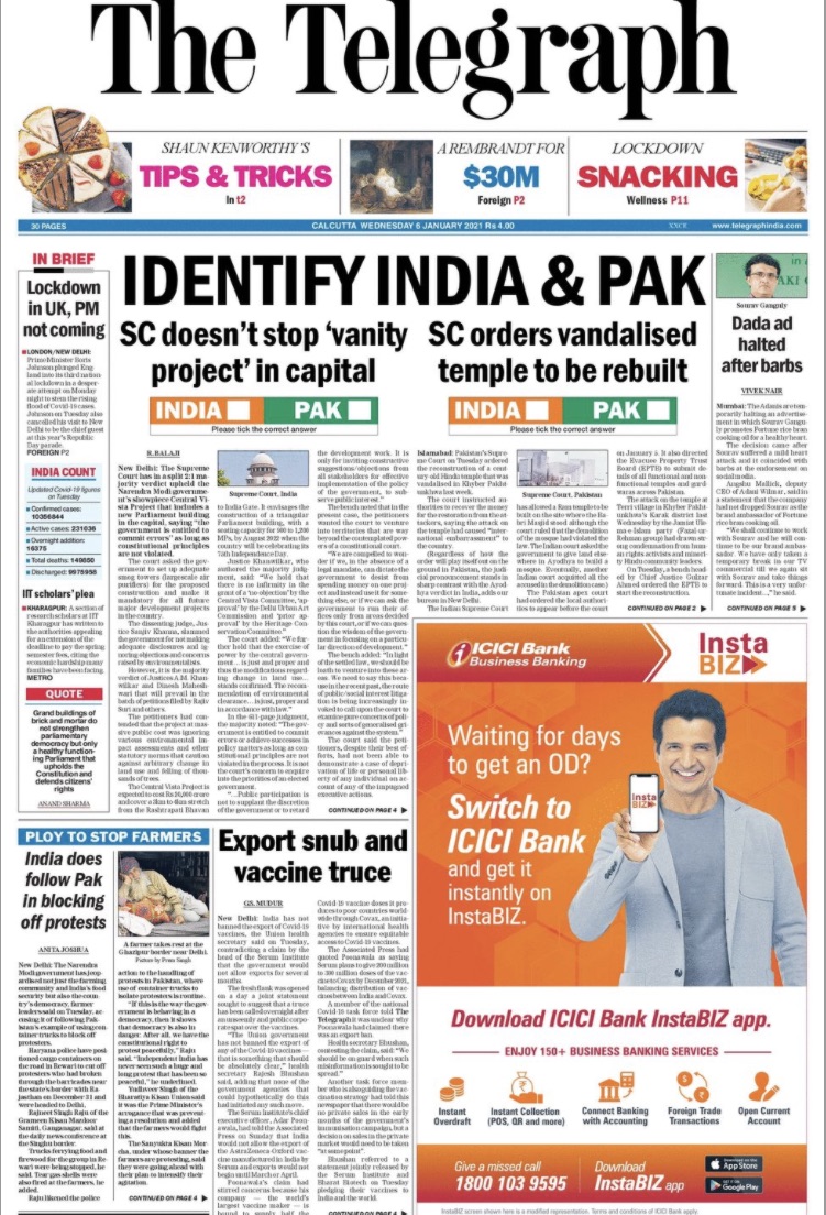 ttindia's tweet photo. A quick quiz to identify the difference between India & Pakistan | Dada ad halted after barbs | Export snub and vaccine truce | Ploy to stop farmers | and more...
#TheTelegraphFrontPage
Read the stories at https://t.co/UnH37DawM4 https://t.co/xP4OWON74u