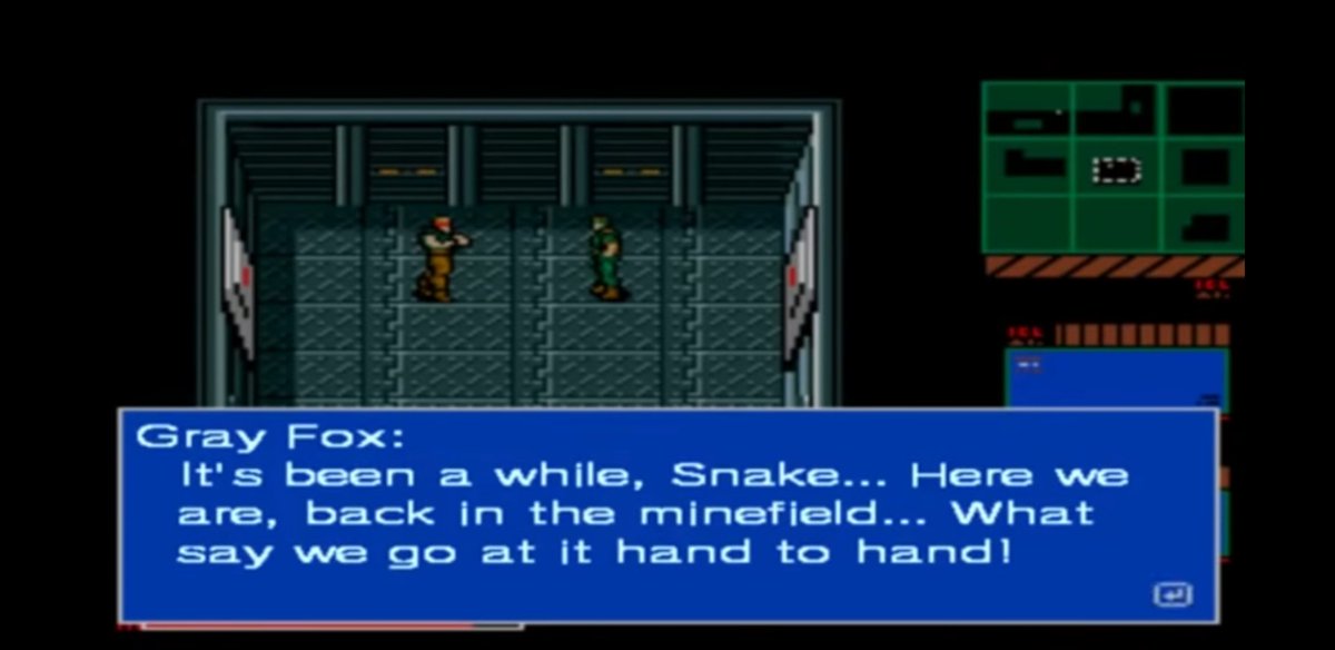 "Hand to hand."The entire fight scene with Cyborg Ninja is a reference to the fight in MG2, even Colonel Campbell brings up how Gray Fox died in Zanzibar [Land].