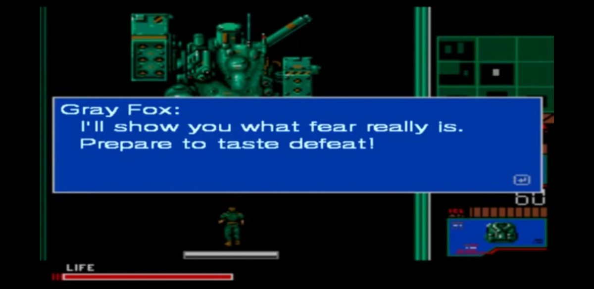 At first Gray Fox used Metal Gear, a weapon, and managed to kill his former lover and almost killed Snake in MG2. In MGS1, Gray Fox changes his ideology, saying that a "fool" uses a weapon, and attempts to defeat Metal Gear REX in MGS1.