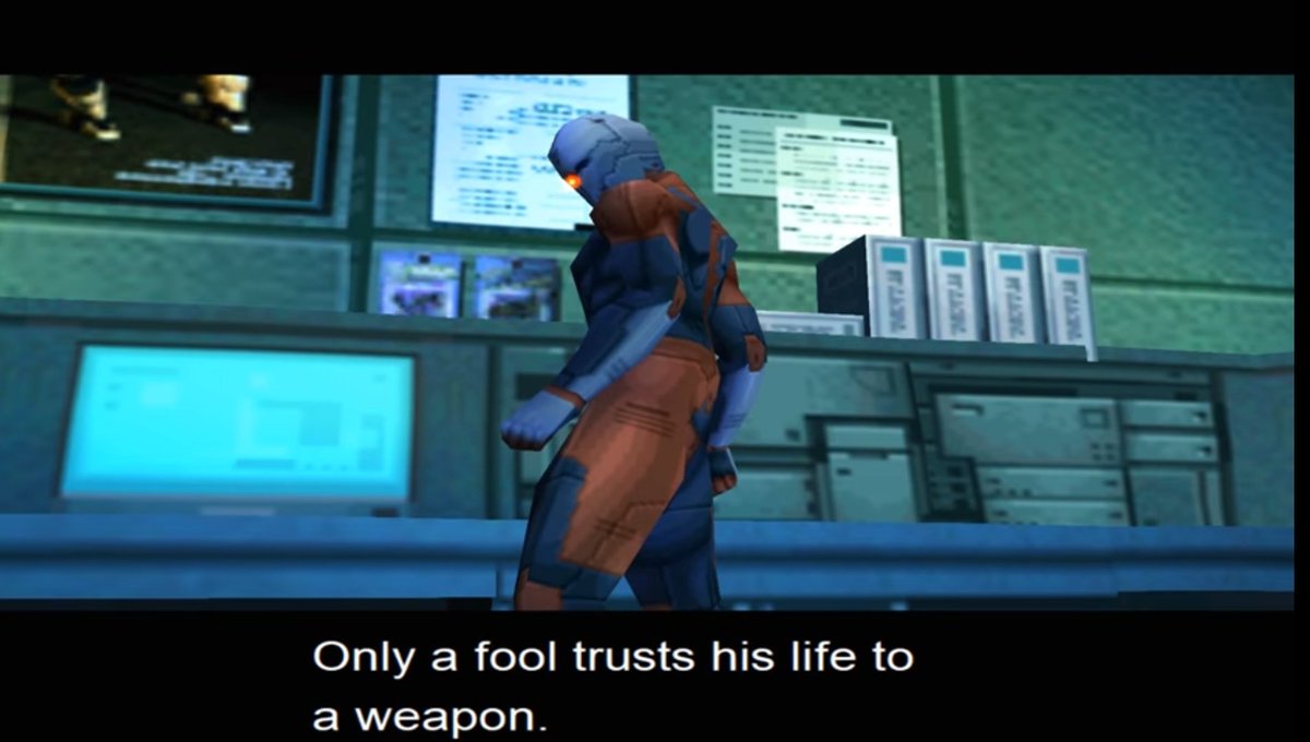 At first Gray Fox used Metal Gear, a weapon, and managed to kill his former lover and almost killed Snake in MG2. In MGS1, Gray Fox changes his ideology, saying that a "fool" uses a weapon, and attempts to defeat Metal Gear REX in MGS1.