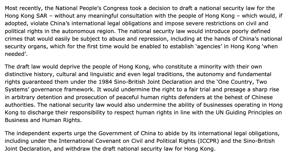 last june,  @UN_SPExperts issued a landmark statement highlighting Chinese human rights abuses.  https://www.ohchr.org/EN/NewsEvents/Pages/DisplayNews.aspx?NewsID=26006 we said this about national security legislation and Hong Kong: