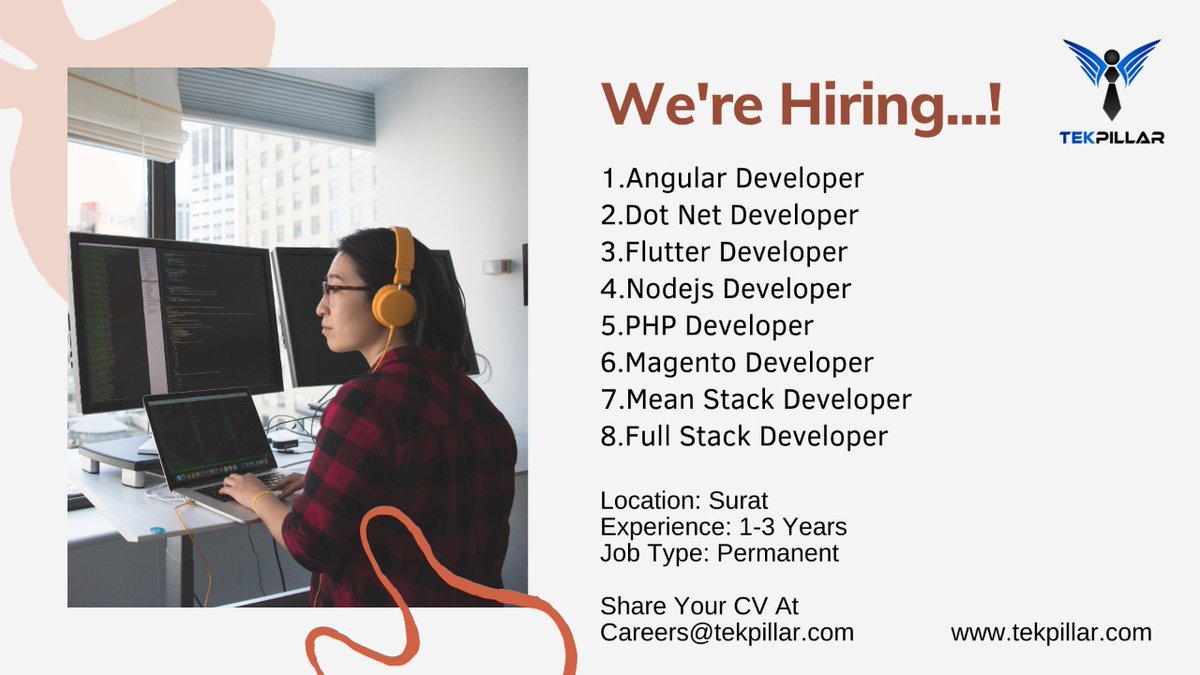 tekpillar's tweet photo. #jobanouncement at #suratcity
We're #hiring #developers at @tekpillar 

1. #angular_developer
2. #dot_net_developer
3. #flutter_developer
4. #node_js_dev
5. #angular_js_dev
6. #php_dev
7. #magento_dev
8. #meanstack_dev
9. #fullstack_dev

Share your resume at
Careers@tekpillar.com https://t.co/KmU7jsXpuq