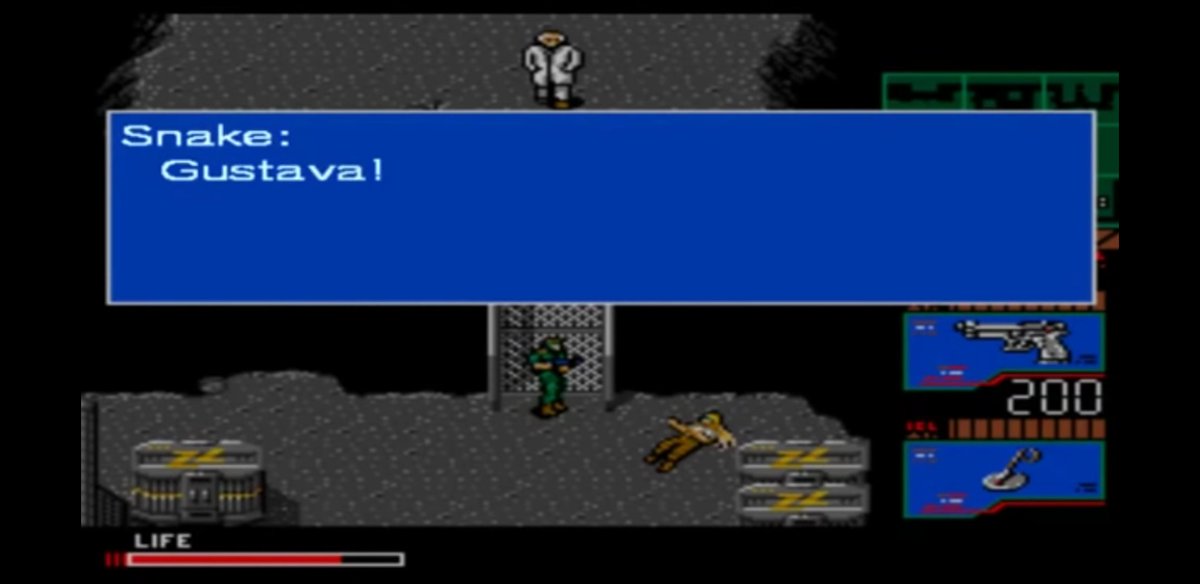 Gustava ends up dying from a surprise attack.Meryl is attacked almost the same way, bringing back Snake's painful memory of Gustava."I don't want to see any woman die in front of me."