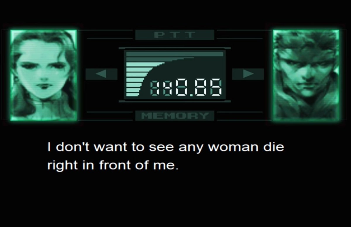 Gustava ends up dying from a surprise attack.Meryl is attacked almost the same way, bringing back Snake's painful memory of Gustava."I don't want to see any woman die in front of me."