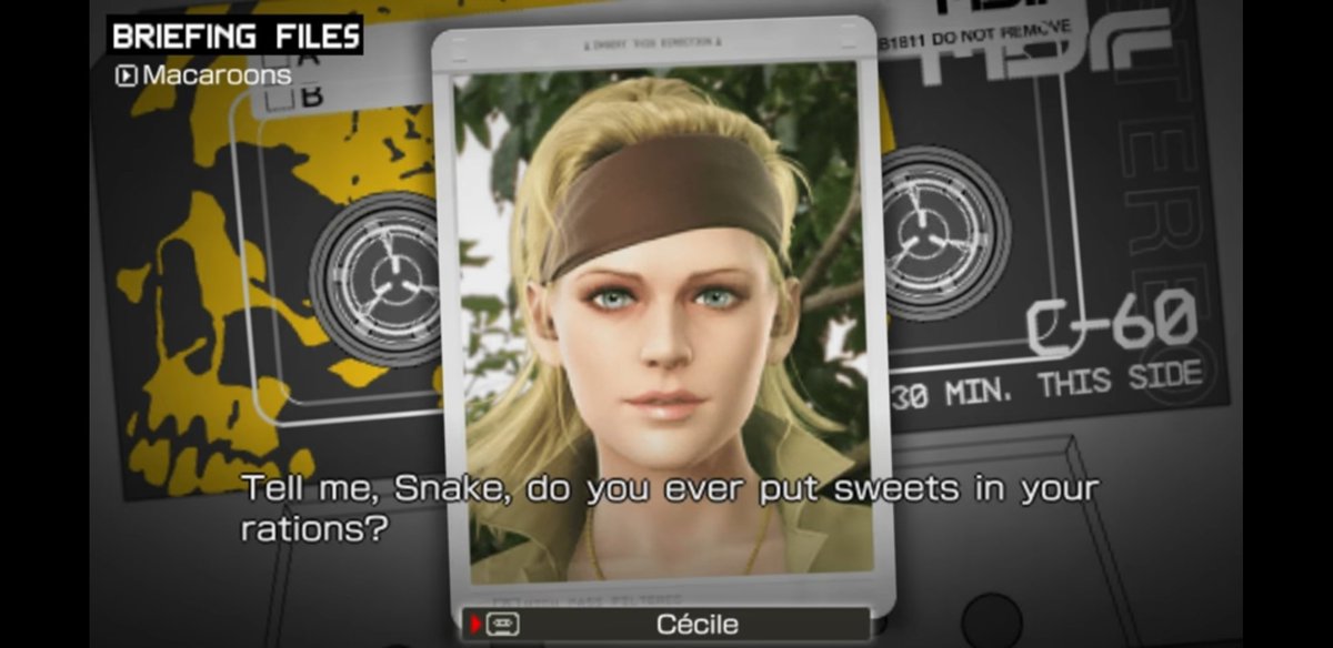 "Do you ever put sweets in your rations?" Cecile asks Big Boss in Peace Walker.In Metal Gear 2, some of the rations contain chocolate.(Photo courtesy of Metal Gear Wiki)